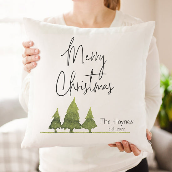 Load image into Gallery viewer, Merry Christmas Personalized Family Name Pillow | Gift For Couple&amp;#39;s First Christmas | Rustic Christmas Decor | Family&amp;#39;s First Christmas
