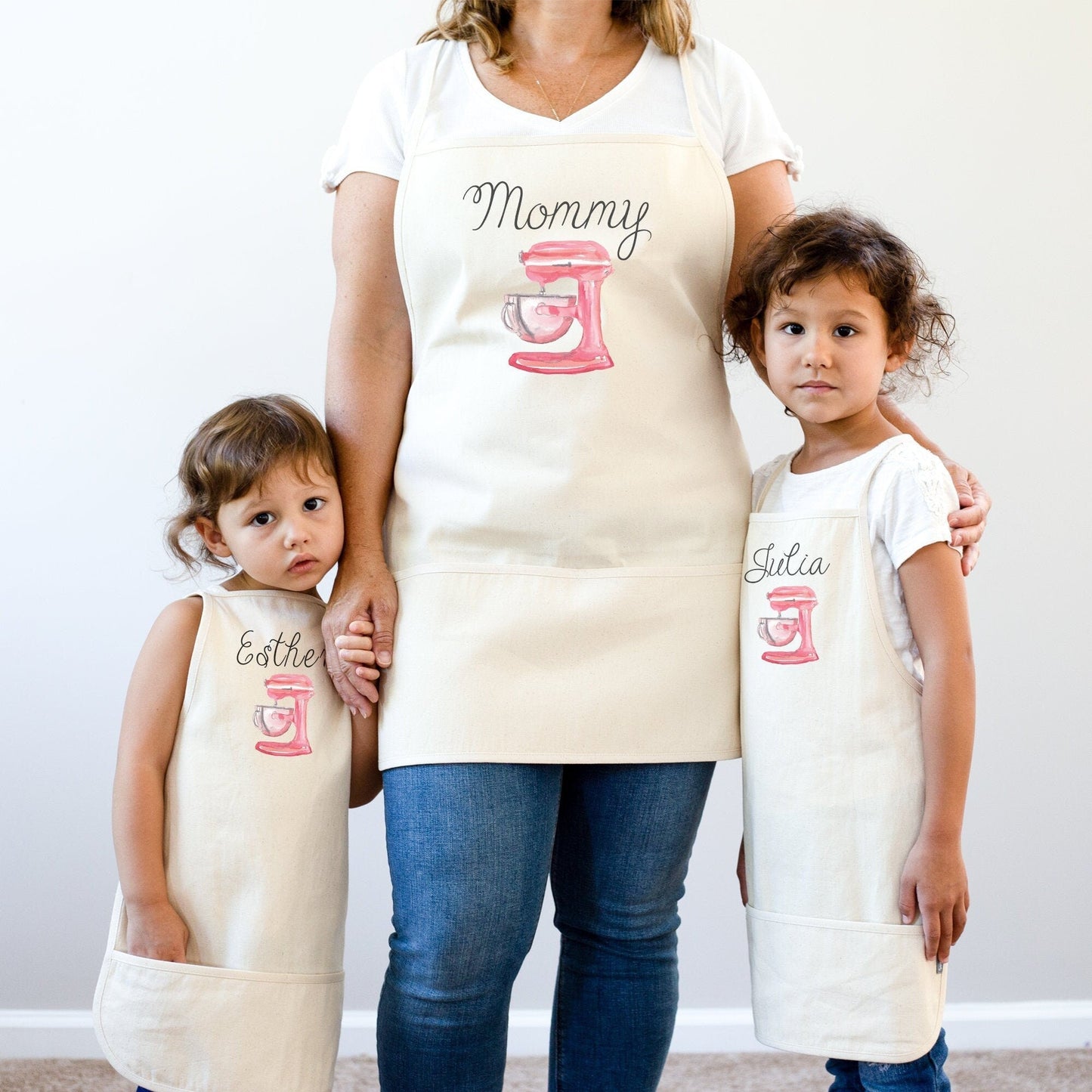 Mommy & Me Pink Mixer Apron Set | Mommy Me Mother's Day Gift Apron Set |Youth Kids Apron |  Mommy Me Kitchen Apron | Personalized Name Apron