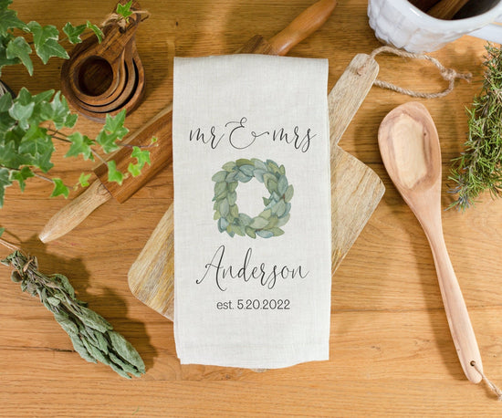 Monogrammed Last Name And Established Date Linen Tea Towel | Magnolia Wreath | Personalized Bridal Shower Gift | Housewarming Gift Idea