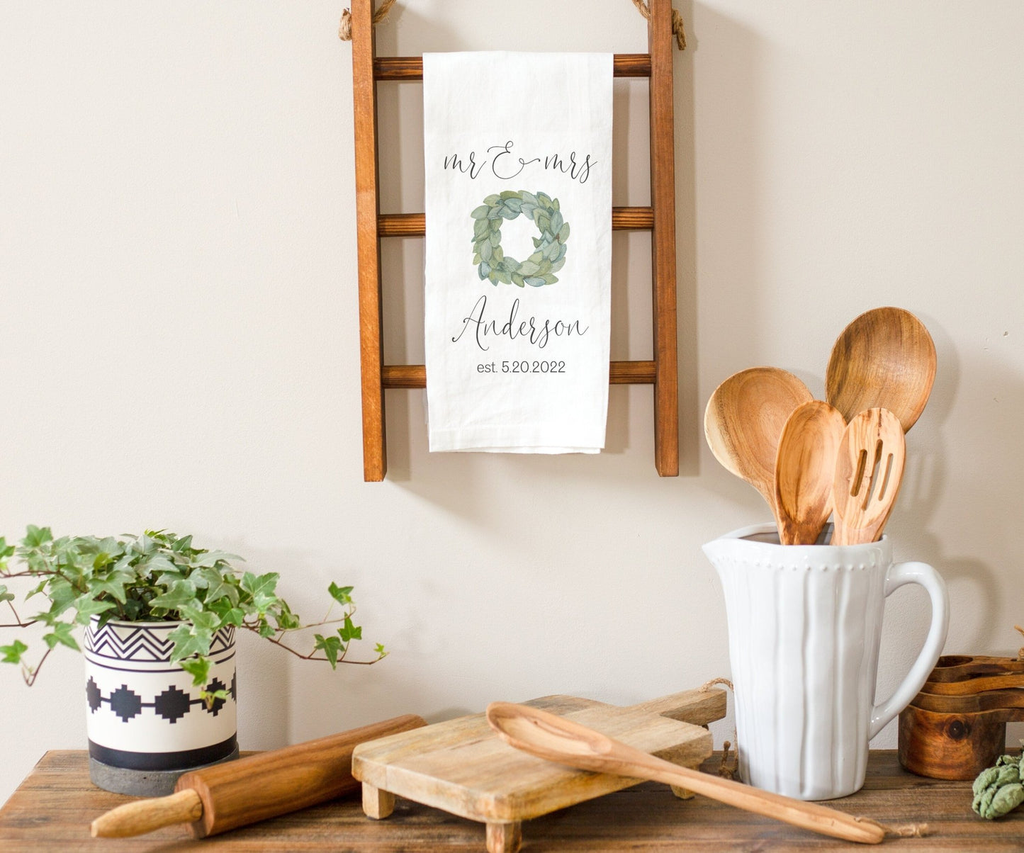 Load image into Gallery viewer, Monogrammed Last Name And Established Date Linen Tea Towel | Magnolia Wreath | Personalized Bridal Shower Gift | Housewarming Gift Idea
