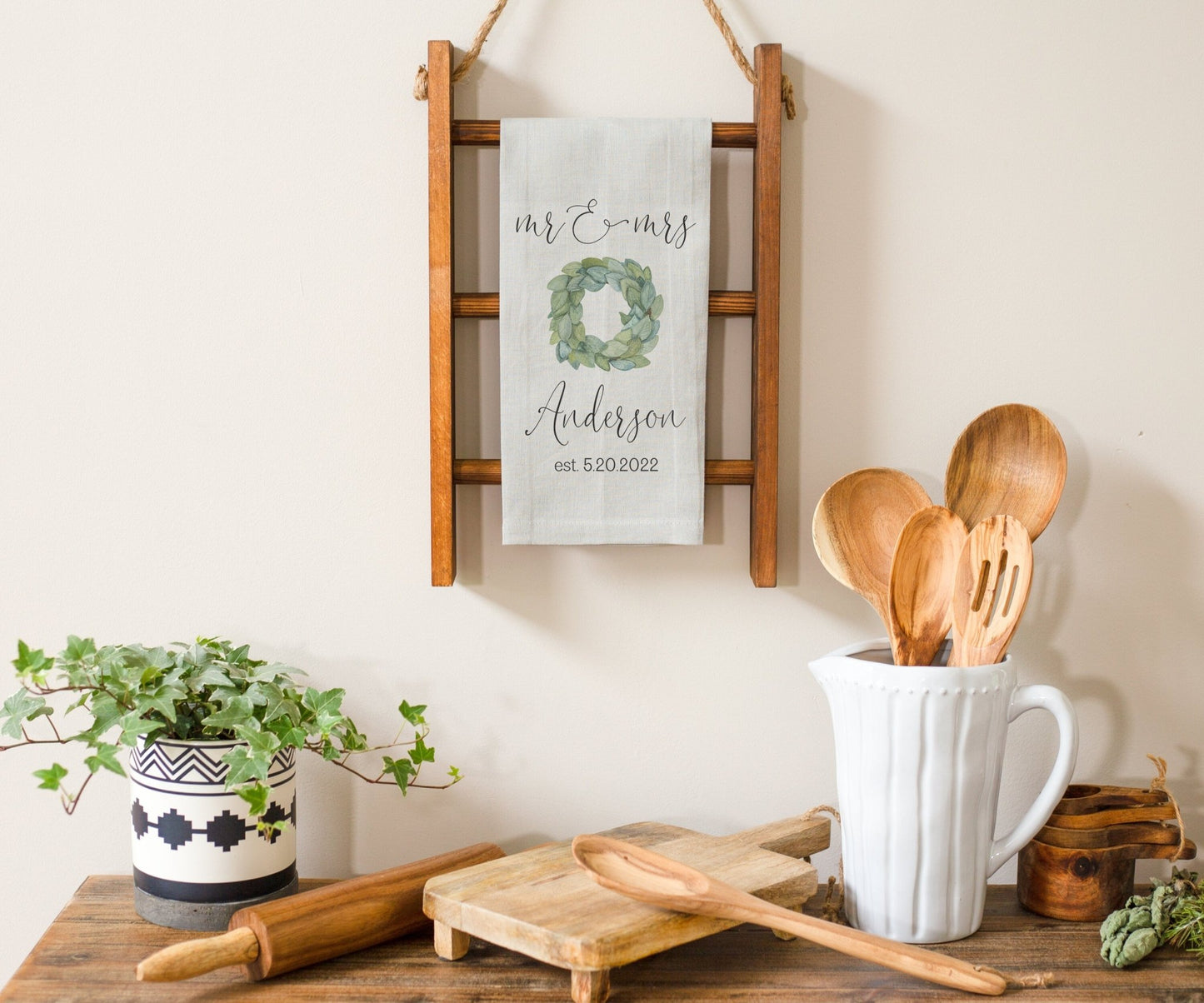 Load image into Gallery viewer, Monogrammed Last Name And Established Date Linen Tea Towel | Magnolia Wreath | Personalized Bridal Shower Gift | Housewarming Gift Idea
