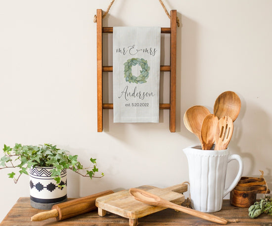 Monogrammed Last Name And Established Date Linen Tea Towel | Magnolia Wreath | Personalized Bridal Shower Gift | Housewarming Gift Idea