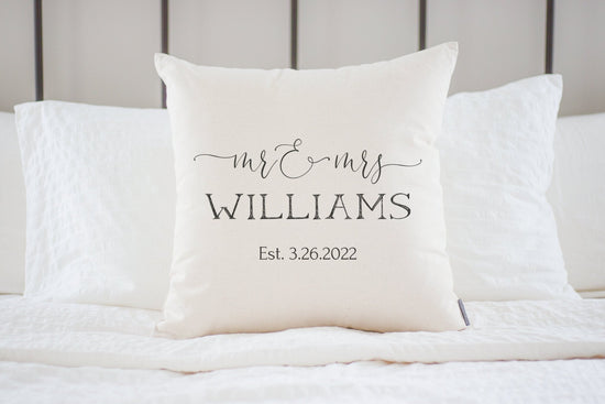 Load image into Gallery viewer, Mr and Mrs Pillow with Established Date | Custom Monogrammed Pillow | Pillows with Mr and Mrs Last Name &amp;amp; Established Date | Wedding Gift

