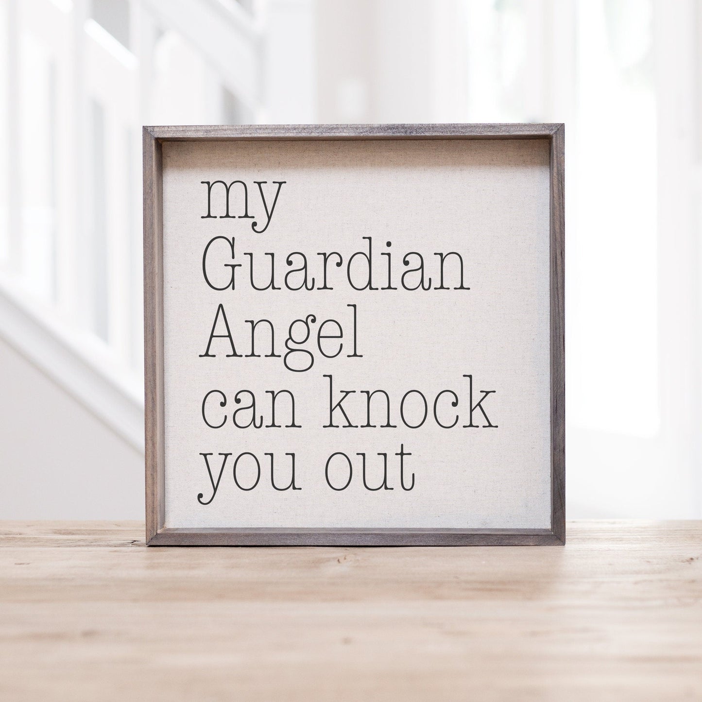 Load image into Gallery viewer, My Guardian Angel Can Knock You Out Nursery Sign | Nursery Decor | Customizable Sign | Gift for New Mom | Baby Shower Gift | Shower Decor
