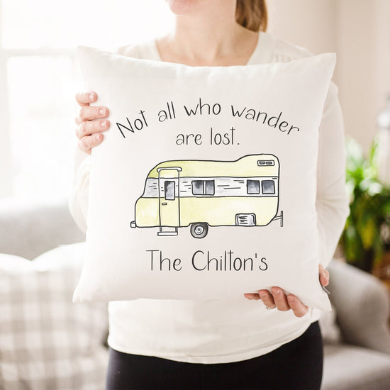 Load image into Gallery viewer, Not All Who Wander Are Lost Camper Pillow | Customizable Camper Decor | Fifth Wheel RV Decor | Camper Van Trailer Decor | Campsite Pillow
