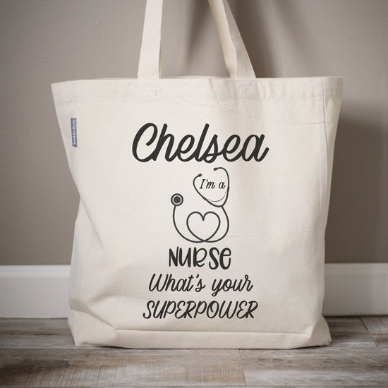 Nurse Whats Your Superpower Tote Bag | RN Personalized Tote Bag | Monogrammed Nursing Work Tote With Stethoscope | Nursing Medical Staff Bag