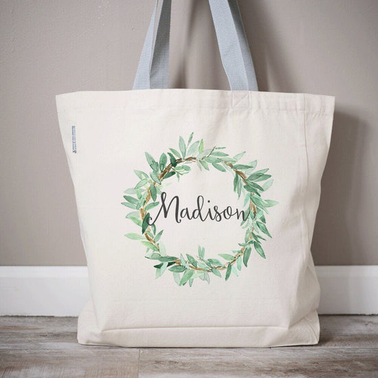 Load image into Gallery viewer, Olive Branch Wreath Tote Bag | Monogram Wreath Bag | Bridesmaid Tote Bag | Bridal Party Gifts | Bridesmaid Gifts | Canvas Tote Bag
