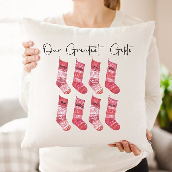 Load image into Gallery viewer, Our Greatest Gifts Personalized Christmas Pillow | Family Custom Stockings | Gift For Mom and Dad | Christmas Decor Gift | Rustic Decor
