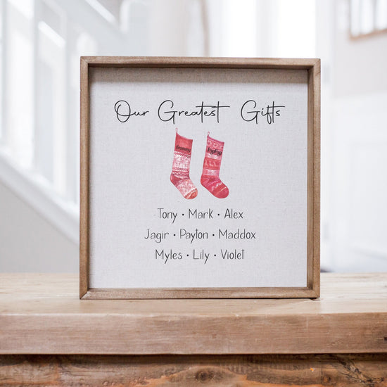 Our Greatest Gifts Personalized Christmas Sign | Grandparent's Gift | Personalized Christmas Stockings |  Christmas Gift for Mom and Dad
