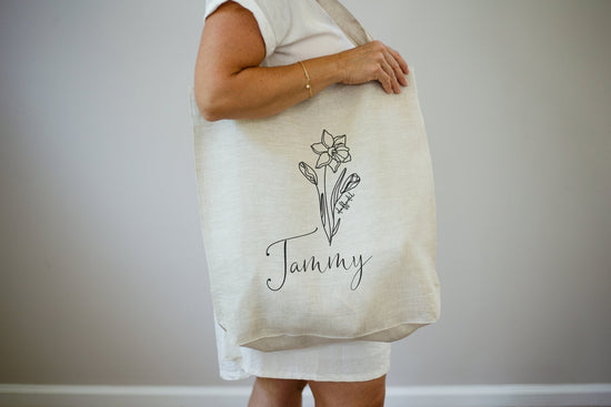 Personalized Birth Month Flower Linen Shopping Tote Bag | Personalized Bridesmaid Proposal Gift Idea | Eco Friendly Reusable Market Tote Bag