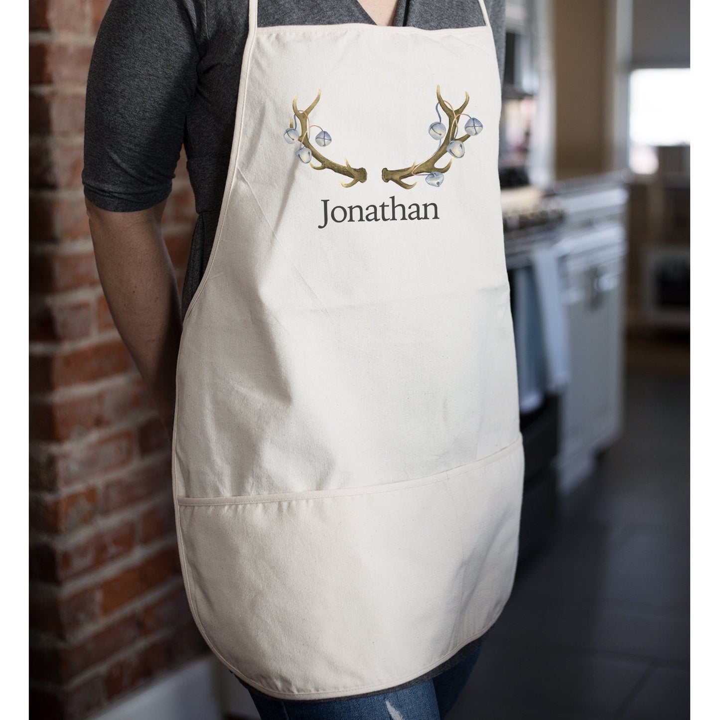 Personalized Deer Antlers Christmas Apron | Custom Apron | Full Kitchen Apron | Custom Apron |  Cotton Canvas Full Apron | Antler Apron