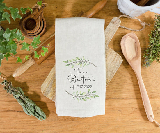 Personalized Family Name Established Date Linen Tea Towel | Wedding Gift Idea | Personalized Bridal Shower Gift | HousewarmingGift Idea