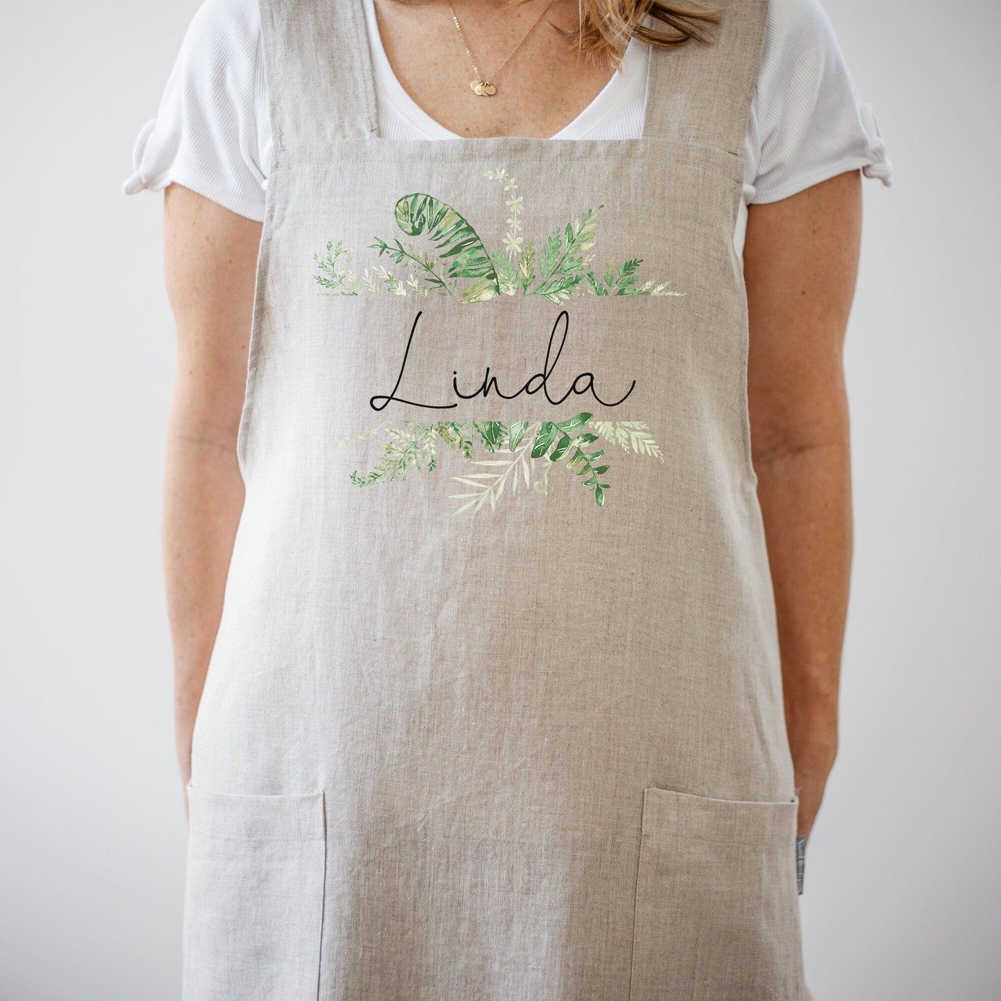 Personalized Greenery Name Apron | Kitchen Apron | Custom Apron | Full Kitchen Apron | Custom Monogram Apron | 100% Linen Full Apron | Apron