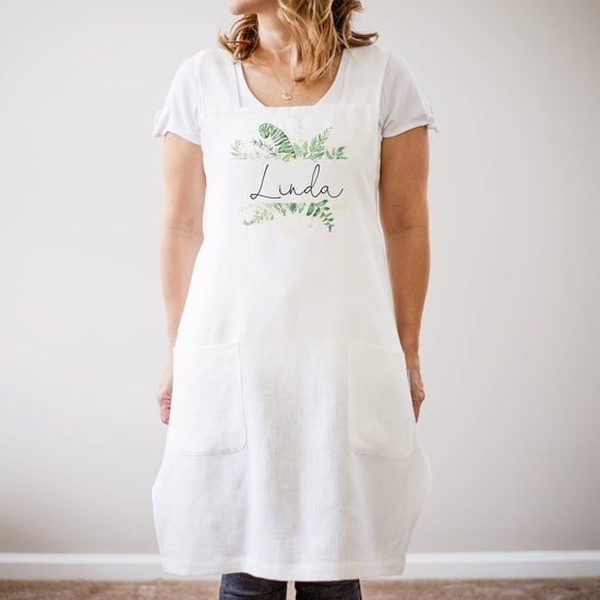 Personalized Greenery Name Apron | Kitchen Apron | Custom Apron | Full Kitchen Apron | Custom Monogram Apron | 100% Linen Full Apron | Apron