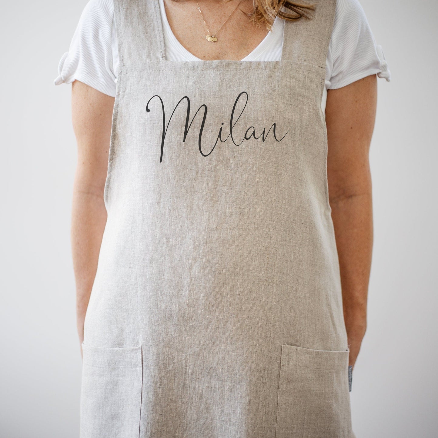 Personalized Japanese Linen Apron | Pinafore Linen Apron | Japanese Cross Back Apron | No Ties Linen Aprons for Women | No Ties Linen Apron