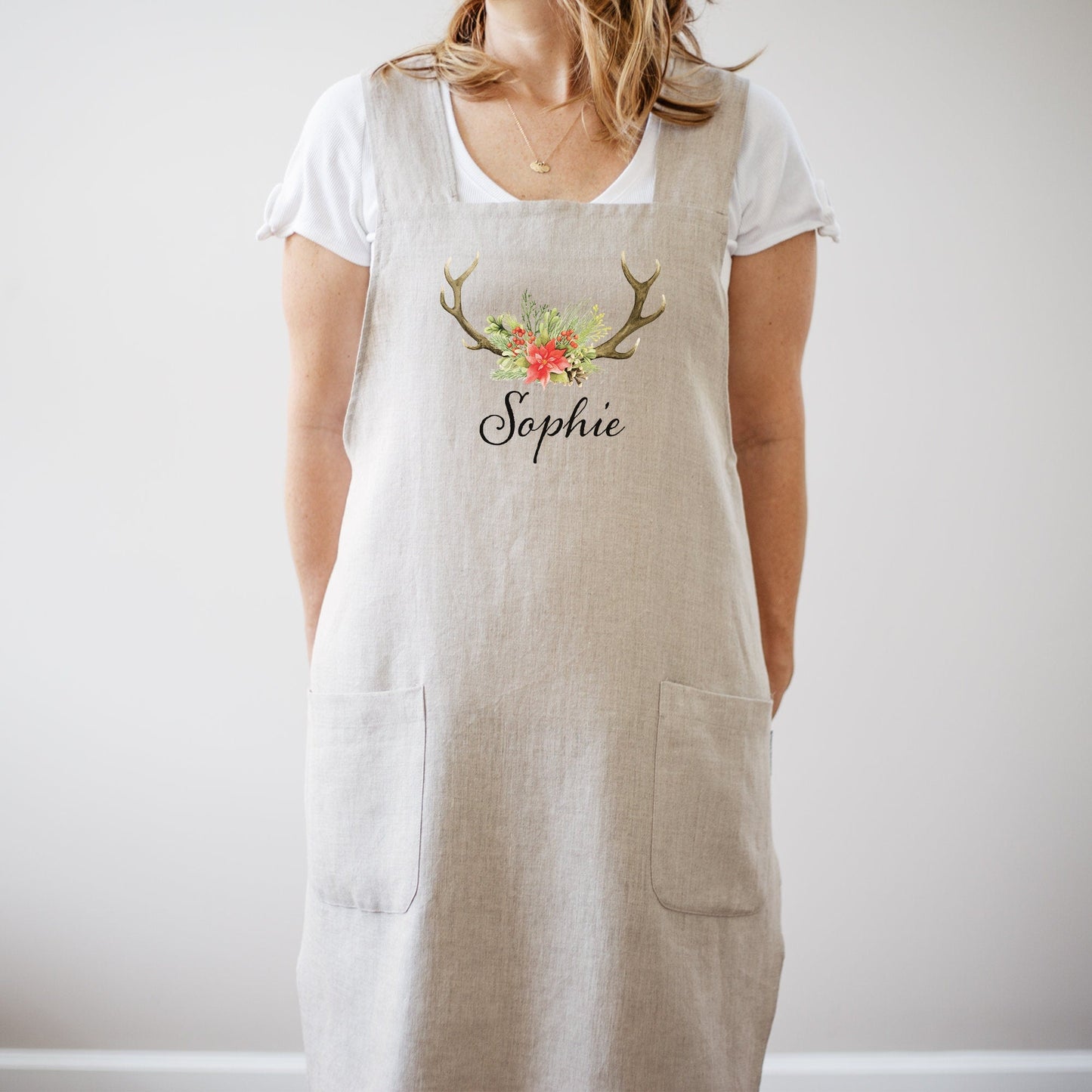 Personalized Linen Apron | Kitchen Apron | Custom Apron | Full Kitchen Apron | Custom Monogram Apron | Christmas Apron | Deer Antler Apron