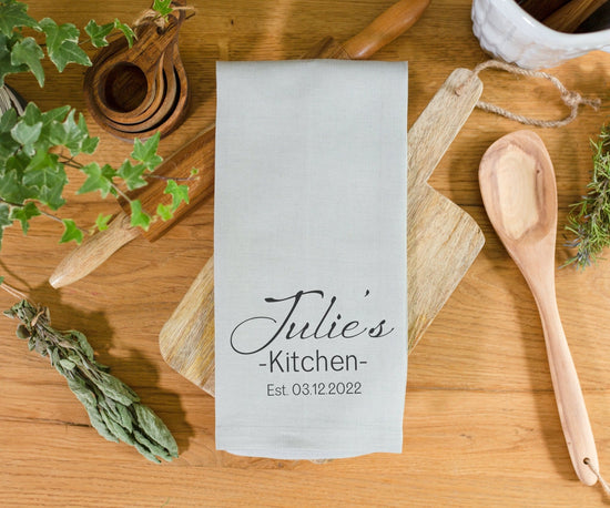 Personalized Name and Established Date Linen Tea Towel | Personalized Bridal Shower Gift | Housewarming Gift Idea | Custom Wedding Gift Idea