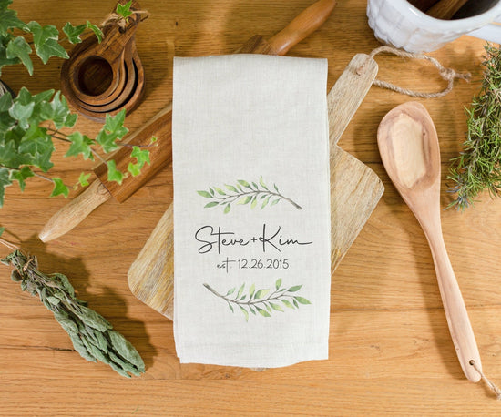Load image into Gallery viewer, Personalized Names and Established Date Linen Tea Towel | Wedding Gift Idea | Personalized Bridal Shower Gift | Housewarming Gift Idea
