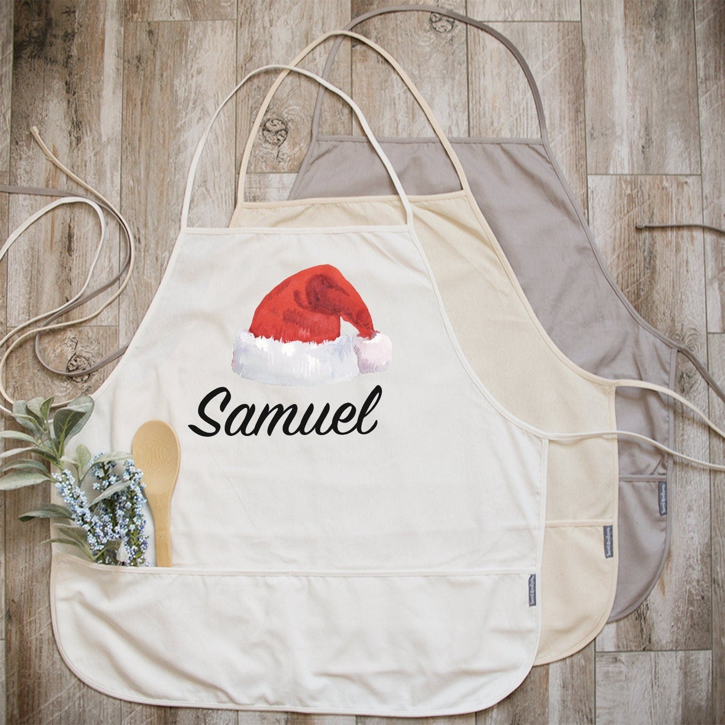 Personalized Santa Hat Apron | Christmas Apron | Custom Apron | Full Kitchen Apron | Custom Monogram Apron | Cotton Canvas Full Apron