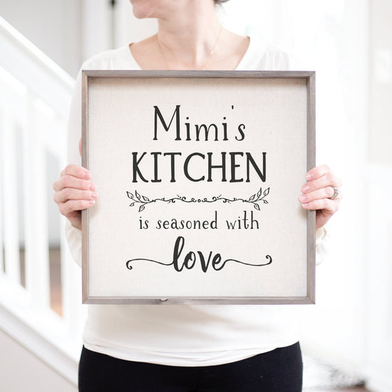 Personalized Seasoned With Love Kitchen Wood Sign | Mimi's Kitchen Sign | Personalized Farmhouse Kitchen Decor | Custom Family Kitchen Sign