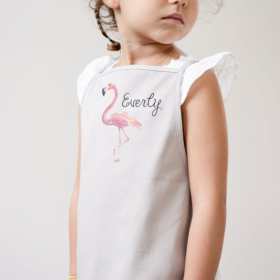 Load image into Gallery viewer, Pink Flamingo Kids Name Apron | Youth Apron | Child Apron | Full Kids Kitchen Apron | Kid Craft Apron | Kid Apron | Cotton Canvas Full Apron
