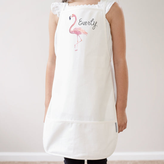 Load image into Gallery viewer, Pink Flamingo Kids Name Apron | Youth Apron | Child Apron | Full Kids Kitchen Apron | Kid Craft Apron | Kid Apron | Cotton Canvas Full Apron
