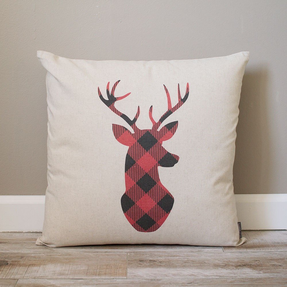 Plaid Deer Head Pillow | Rustic Pillow | Red/Black Plaid Deer Head | Monogrammed Gift | Rustic Home Decor | Home Decor | Holiday Gift