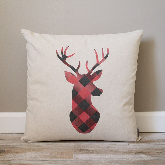 Load image into Gallery viewer, Plaid Deer Head Pillow | Rustic Pillow | Red/Black Plaid Deer Head | Monogrammed Gift | Rustic Home Decor | Home Decor | Holiday Gift
