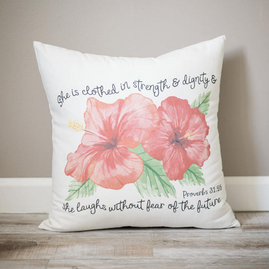 Proverbs 31:25 Pillow | Mother's Day Gift | Gift for Mom | Rustic Decor | Scripture Pillow | Personalized Pillow | Gift For Her | Flowers