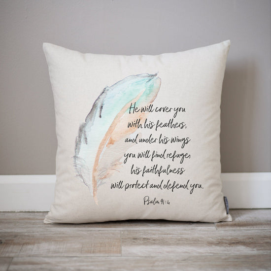 Psalm 91:4 Watercolor Feather Decor Pillow | Spring Decor Watercolor Encouragement Gift Pillow| Watercolor Feather Scripture Gift Decor