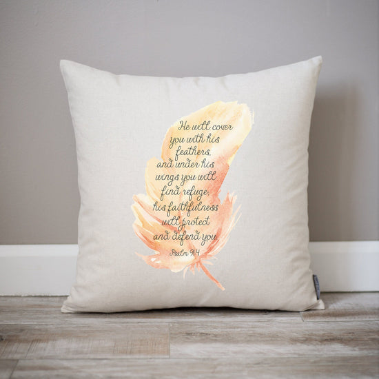 Load image into Gallery viewer, Psalm 91:4 Watercolor Feather Encouragement Gift | Spring Decor Watercolor Encouragement Gift Pillow | Watercolor Feather Scripture Gift

