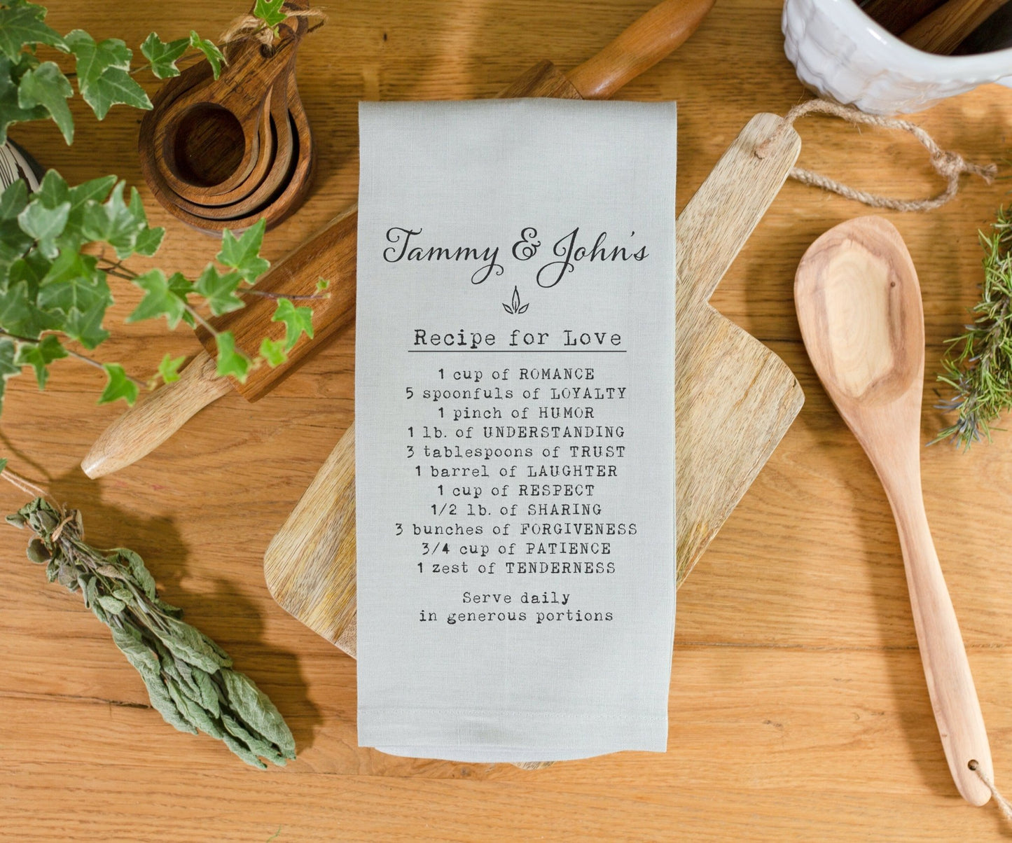Load image into Gallery viewer, Recipe For Love Personalized Linen Tea Towel | Wedding Gift Idea | Personalized Bridal Shower Gift | Housewarming Gift Idea
