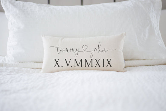 Load image into Gallery viewer, Roman Numeral Wedding Gift Date Pillow | Wedding Gift Personalized Pillow | Newlywed Gift | Engagement Gift | Unique Rustic Wedding Gift
