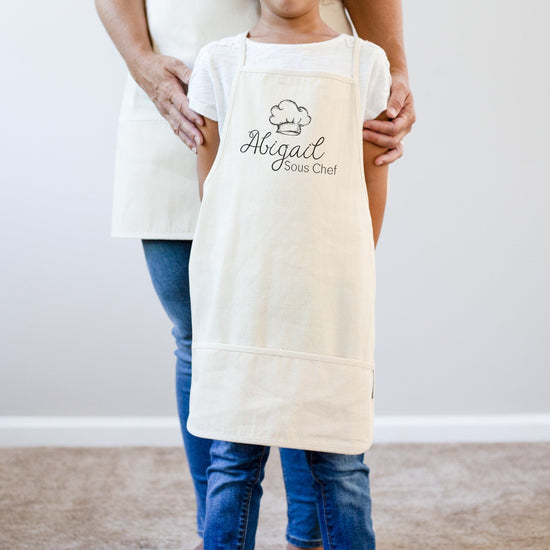 Load image into Gallery viewer, Sous Chef Apron | Mommy and Me Child Apron | Child Adult Apron | Mommy Me Apron Gift | Mommy Me Craft Apron | Personalized Name Apron - Sweet Hooligans Design
