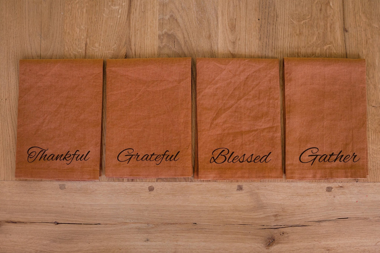 Thankful Grateful Blessed Gather 100% Linen Napkin Set of 4 | Holiday Table Decor | Cloth Napkins | Thanksgiving or Christmas Place Setting - Sweet Hooligans Design
