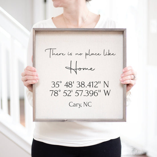 There's No Place Like Home Latitude Longitude Framed Linen Print | Personalized WeddingGift | GPS Coordinates | Housewarming Gift for Couple - Sweet Hooligans Design