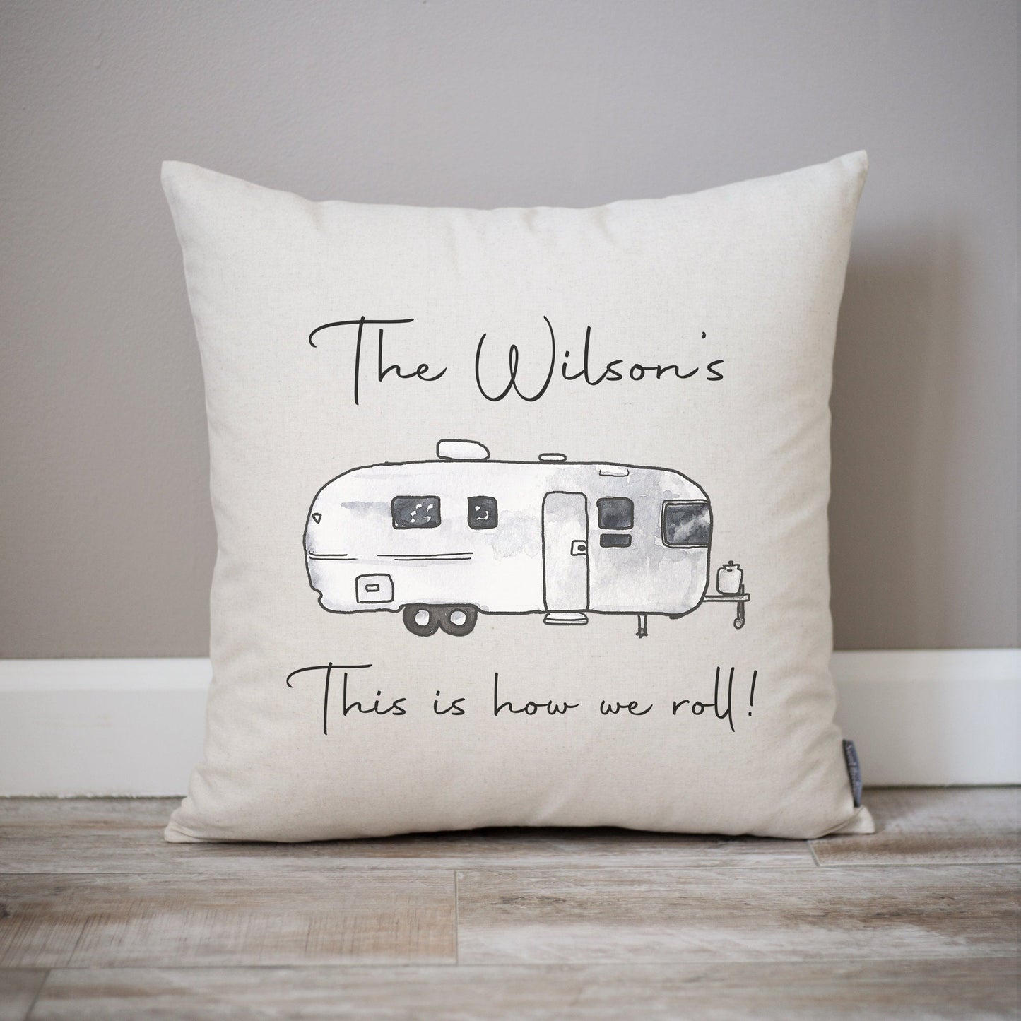 Load image into Gallery viewer, This is How We Roll Vintage Airstream Camping Personalized Pillow | Custom Silver Camper Pillow | Family RV Decor | CamperVan Trailer Decor - Sweet Hooligans Design
