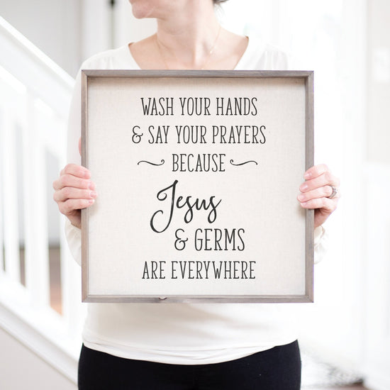Load image into Gallery viewer, Wash Your Hands &amp;amp; Say Your Prayers Wood Sign | Jesus And Germs Are Everywhere Kitchen Sign | Farmhouse Family Kitchen Sign | Rustic Kitchen - Sweet Hooligans Design
